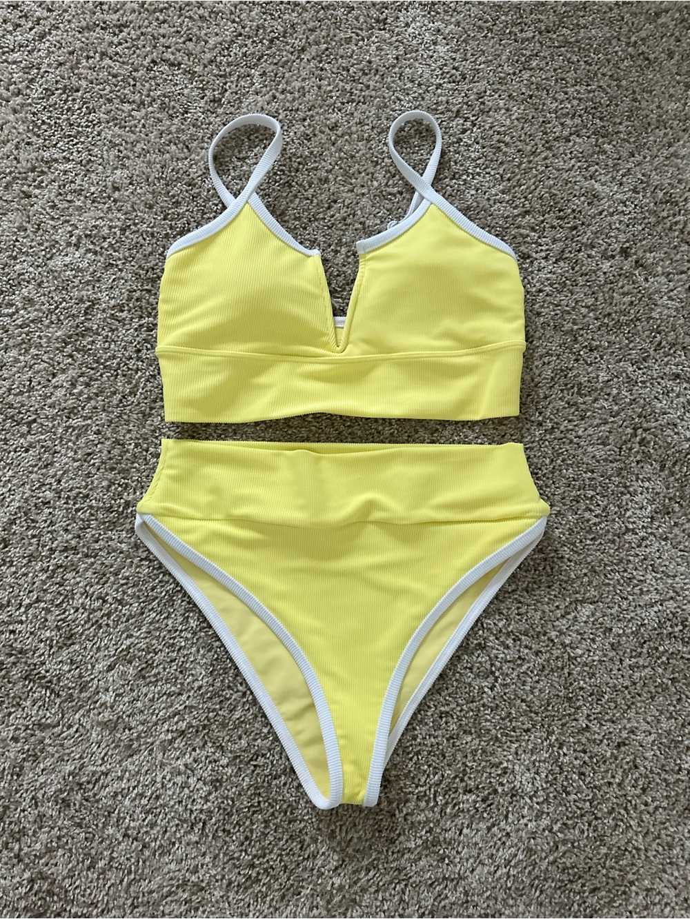LainSnow Yellow Two-Piece V-Neck Bikini with White Trim